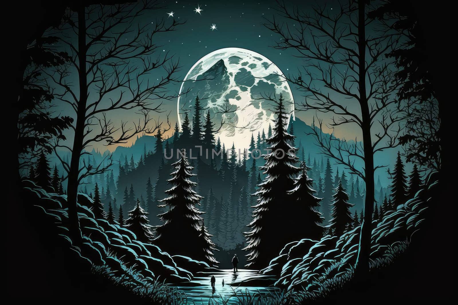 Night forest landscape with full moon. Generative AI drawing