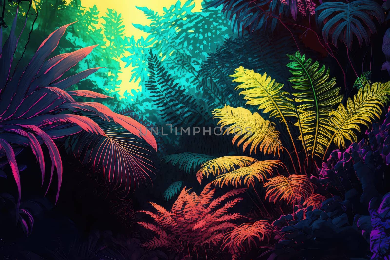 Lush bright tropical vegetation. Generative AI illustration