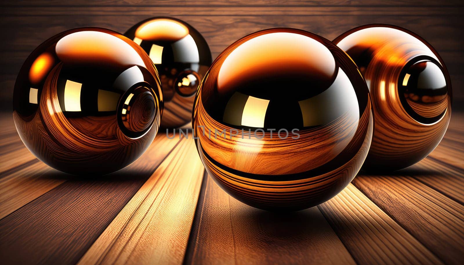 Wooden glossy 3d spheres abstract background. Generative AI design