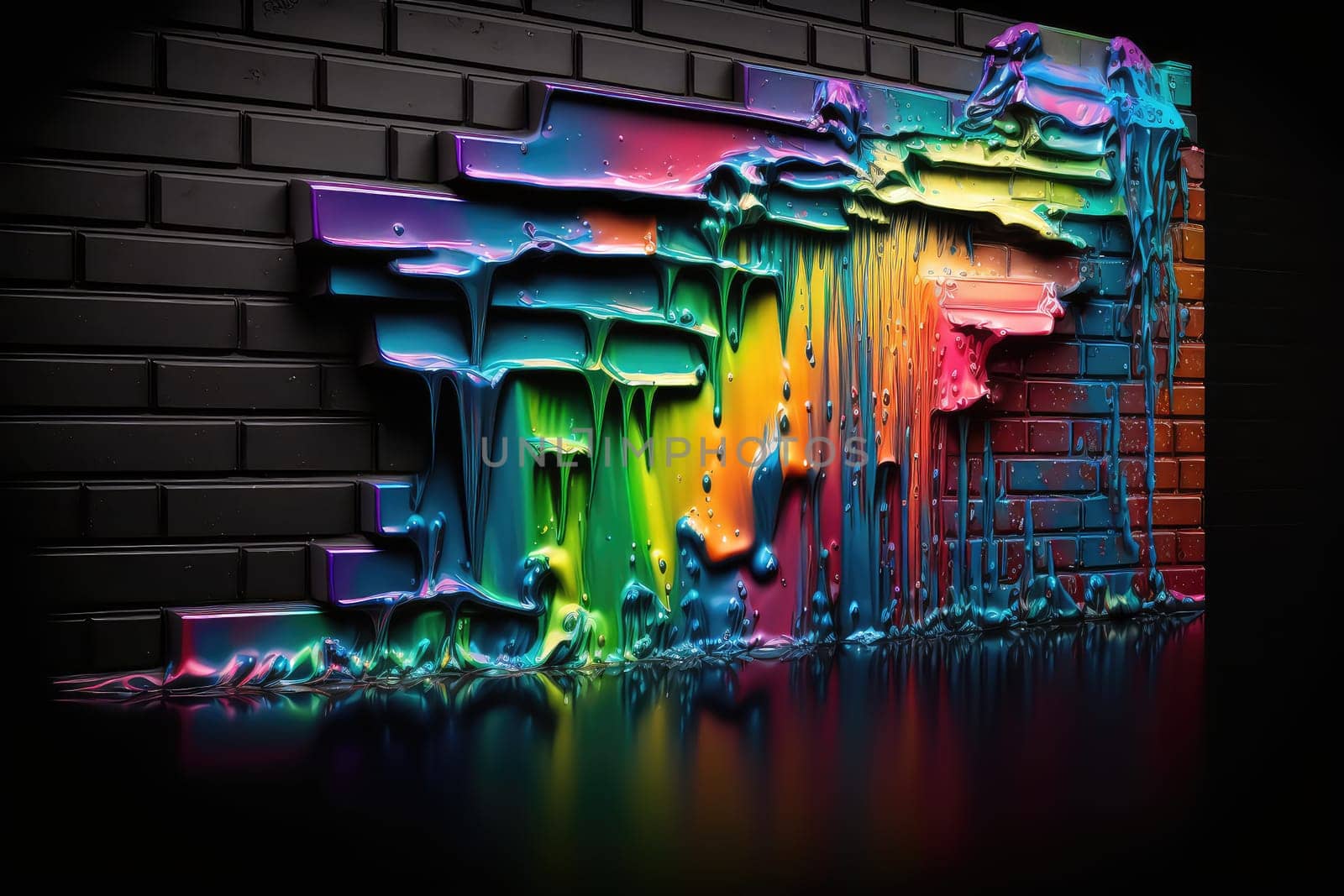 Colorful liquid paints on brick wall. Generative AI design