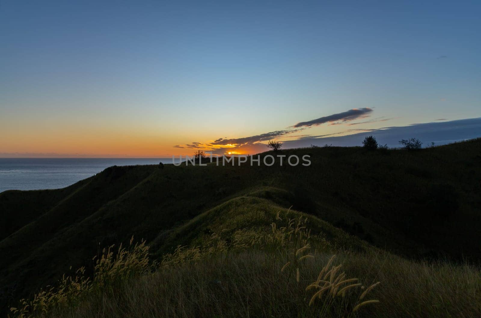 Top view of Nacula island at sunset, Yasawa island group, Fiji, South Pacific islands