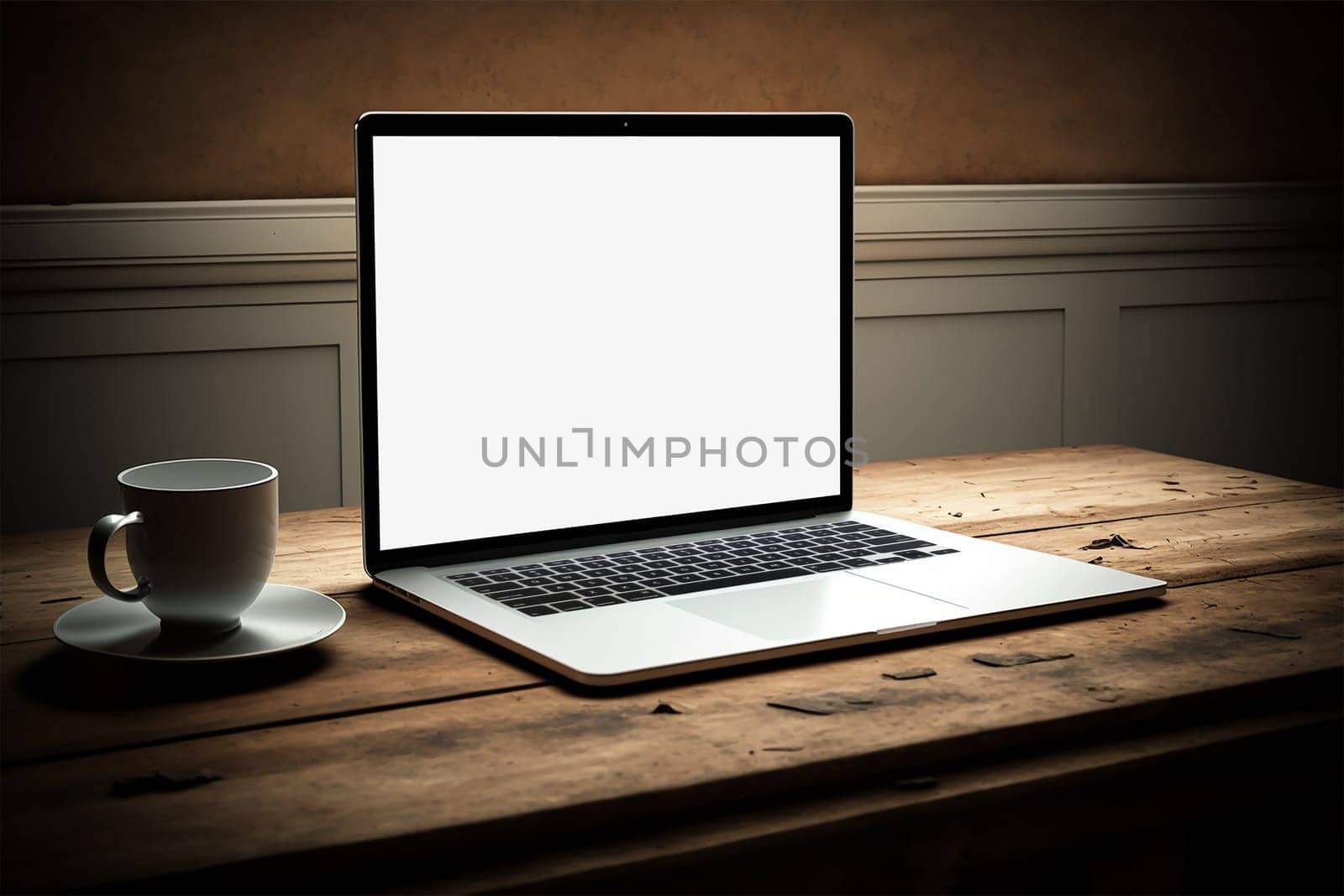 Laptop computer with opened lid on table in home office workspace room