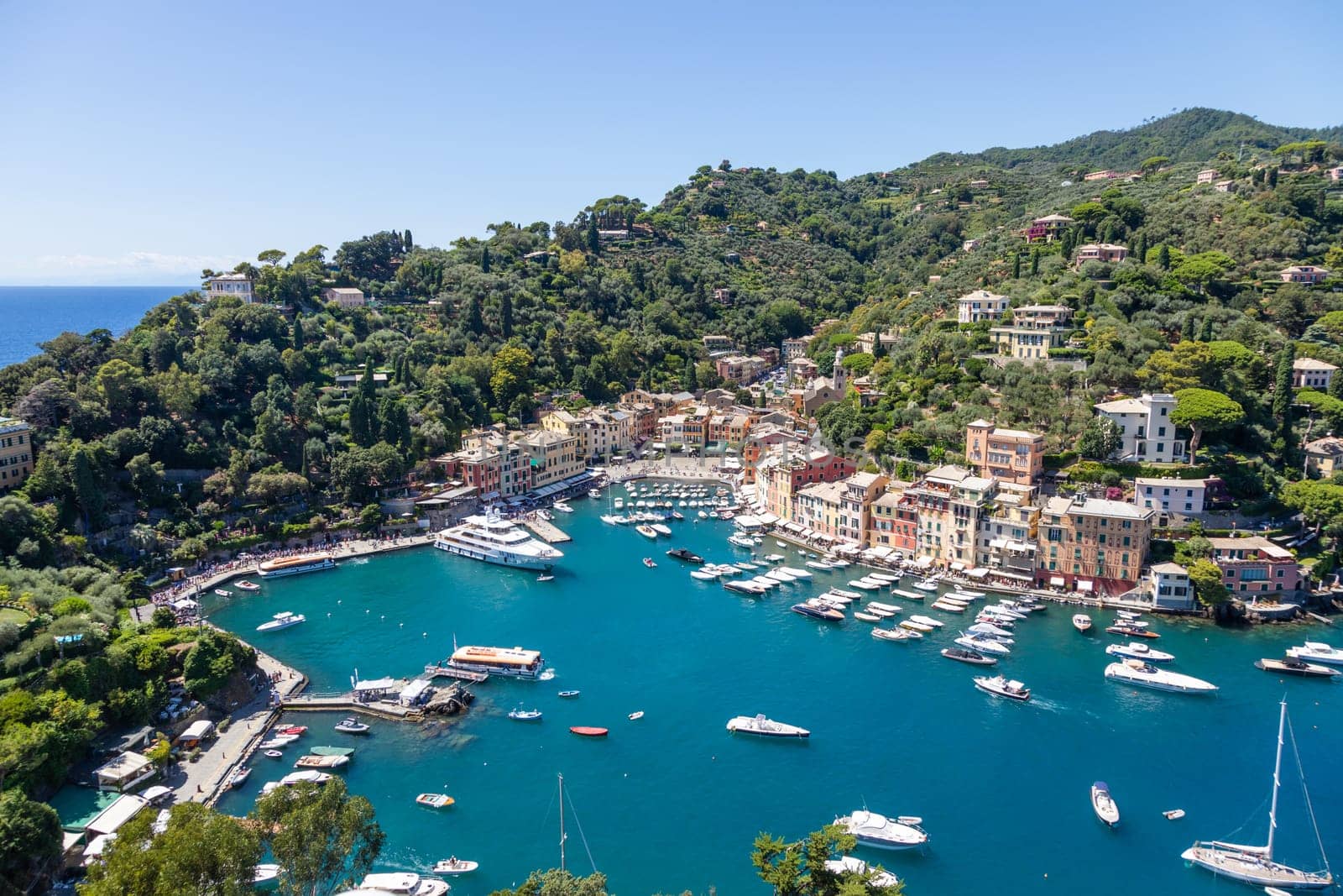 Portofino, Italy - 7 August 2023: scenic panorama with sea and luxury yacht. Italy travel destionation