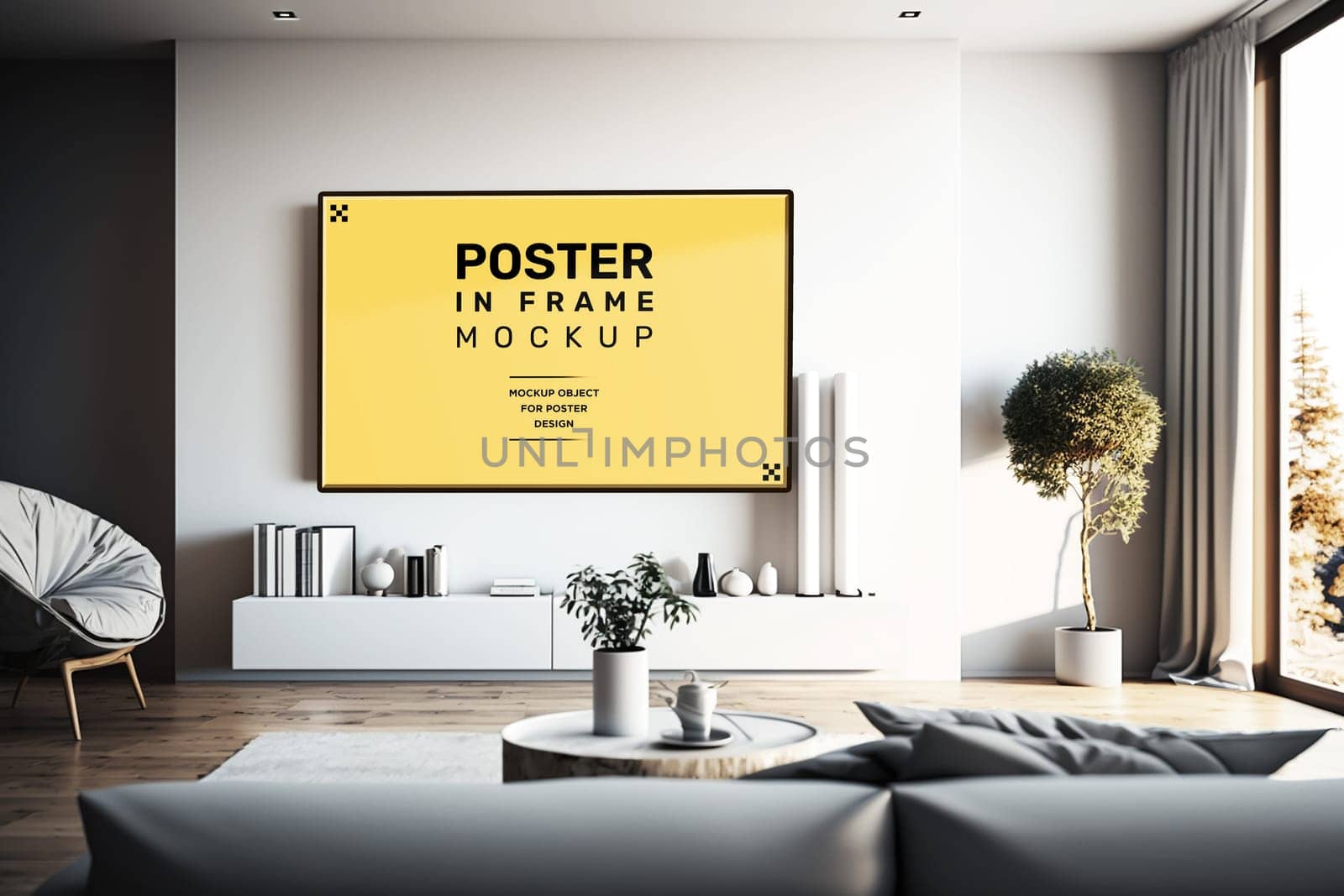 Modern room interior with mock-up photo frame on white walls. Black, gray and white furniture.