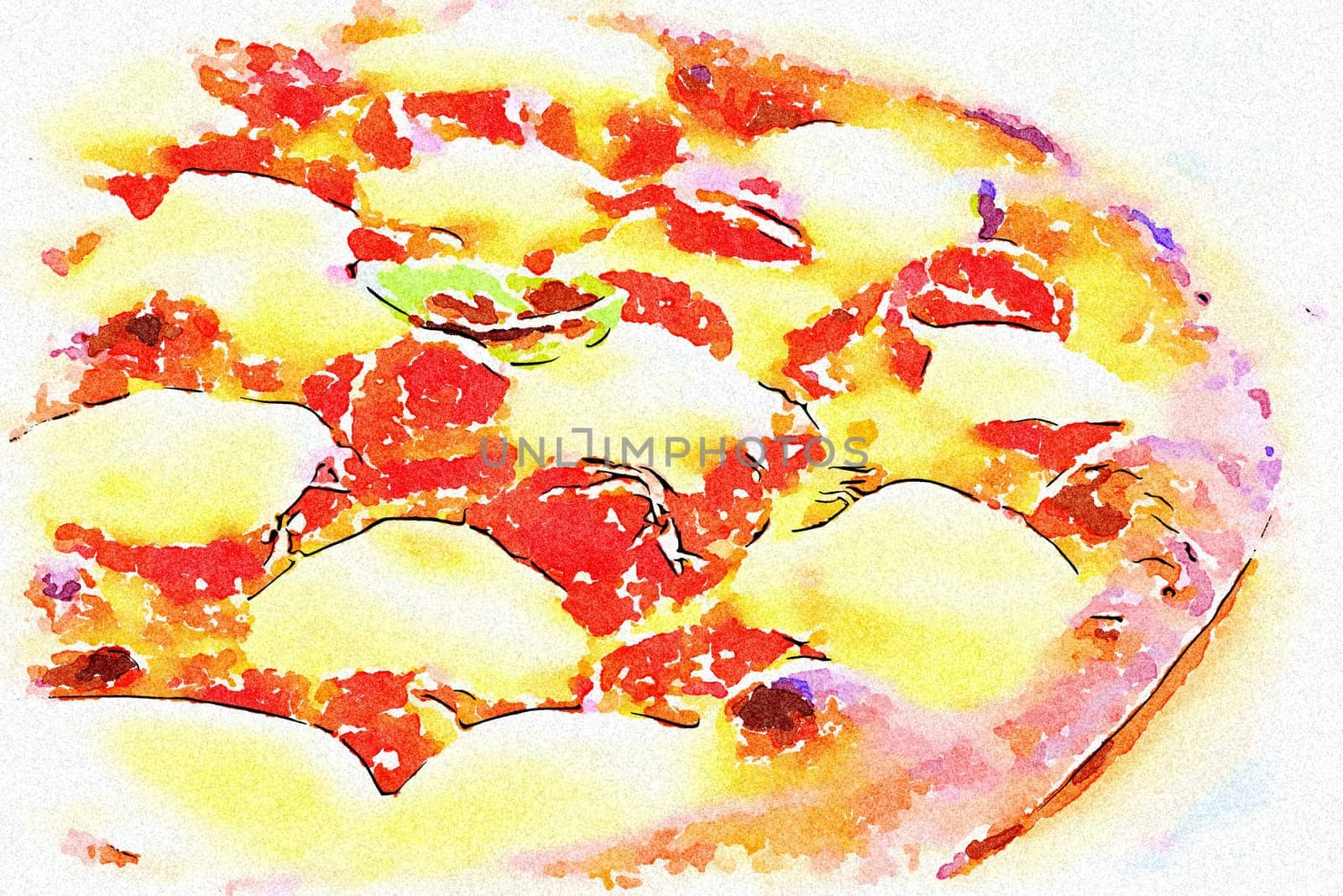 Creative illustration in vintage watercolor design - Pizza Margherita with Mozzarella cheese, basil and tomatoes