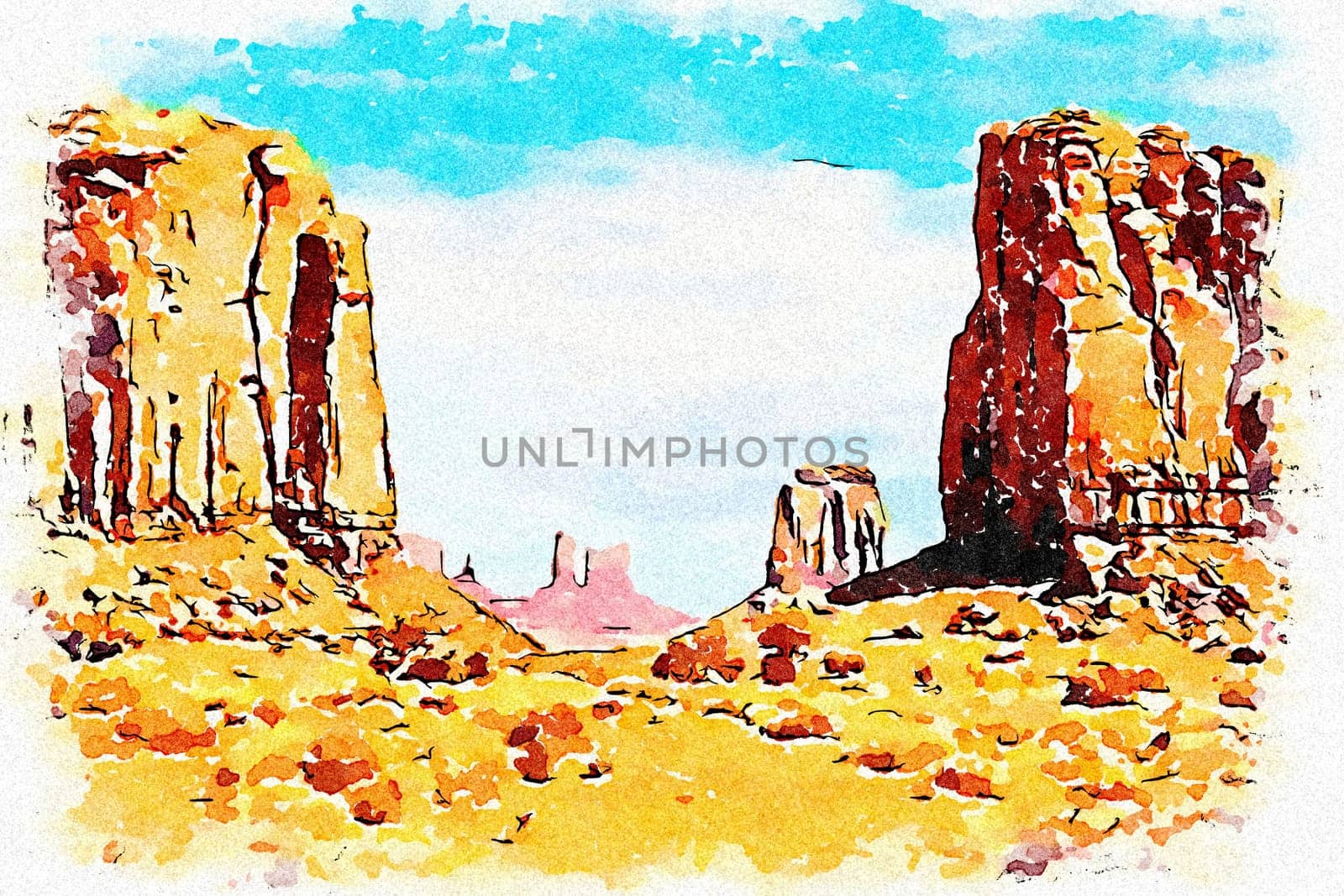 Creative illustration in vintage watercolor design - Monument Valley in USA, red panorama with blue sky