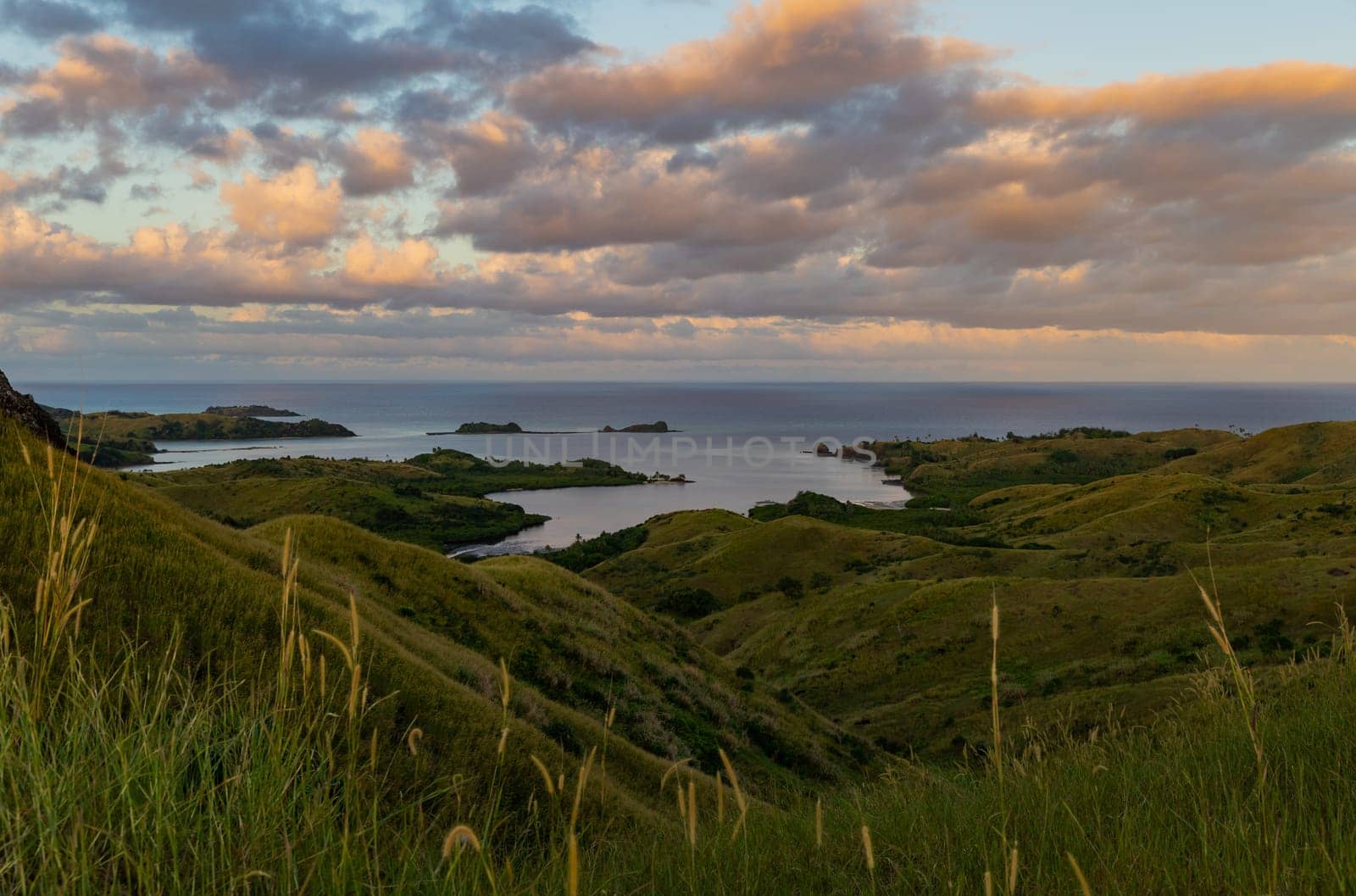 Top view of Nacula island at sunset, Yasawa island group, Fiji, South Pacific islands