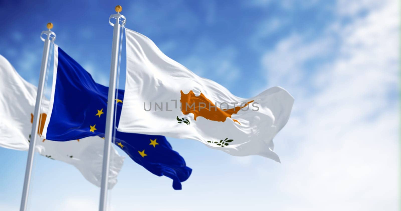 Cyprus national flag waving in the wind with the European Union flag on a clear day. 3d illustration render. Fluttering fabric.