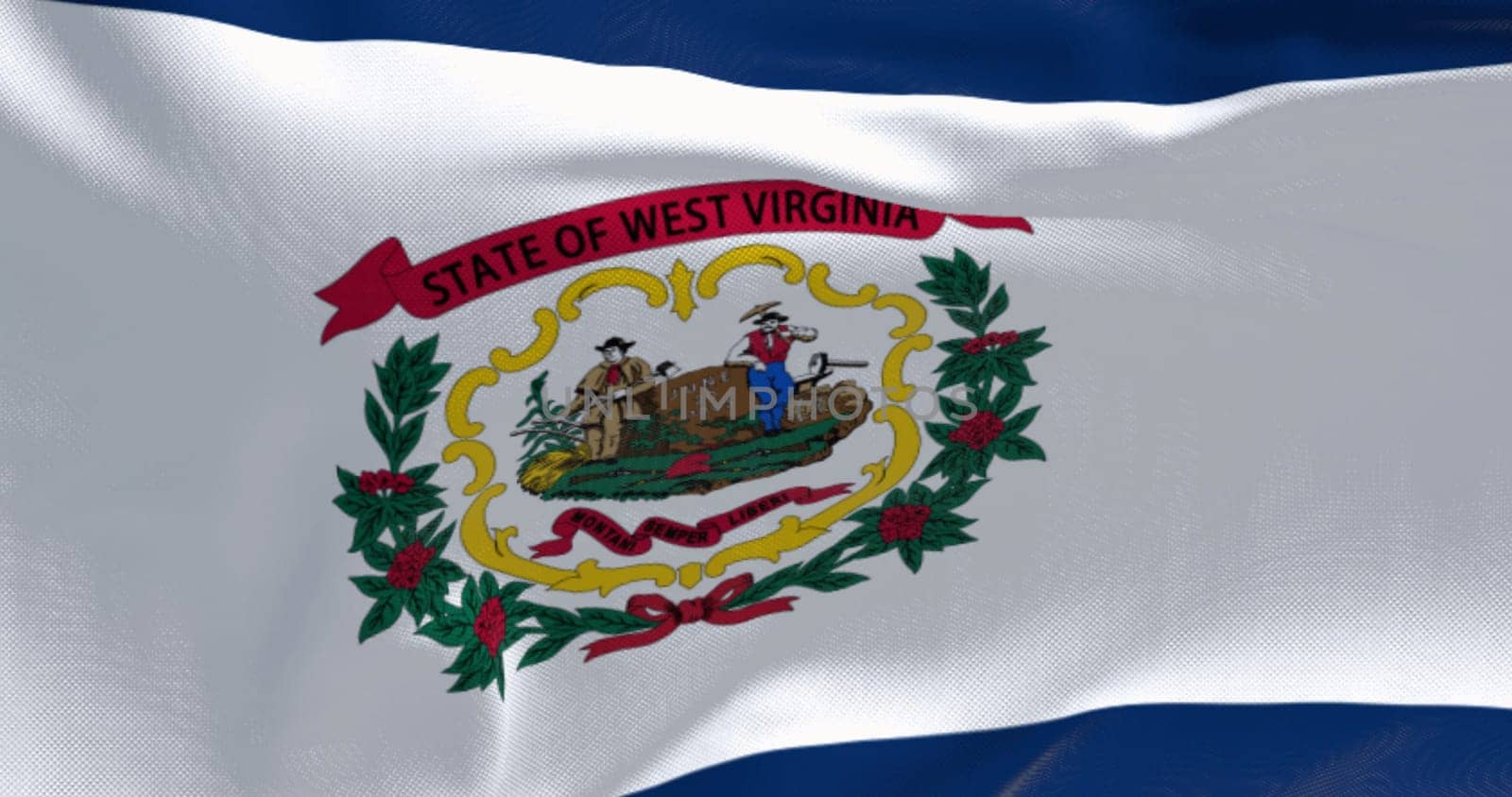 Close-up of West Virginia state flag waving in the wind. White field, blue border, state coat of arms, and red ribbon. 3d illustration render. Fluttering fabric. Textured textile background