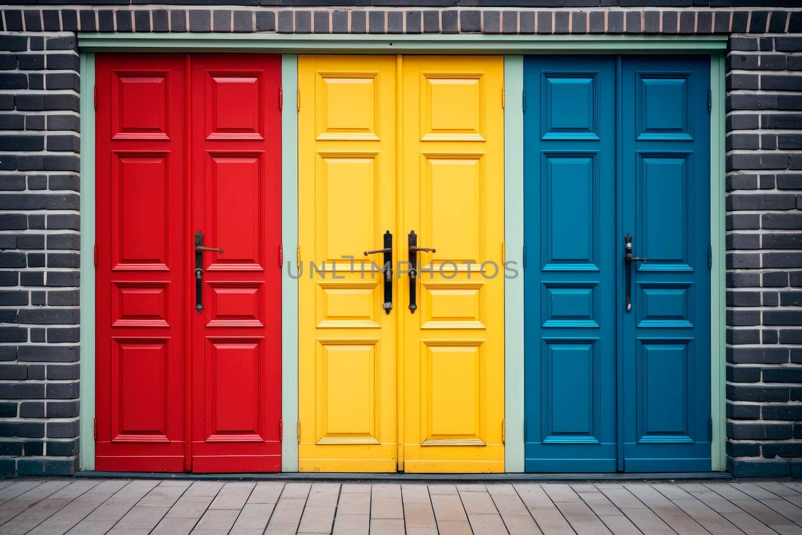 Brick wall with a three color doors, right choice concept. Red, yellow and blue wooden doors. AI generated