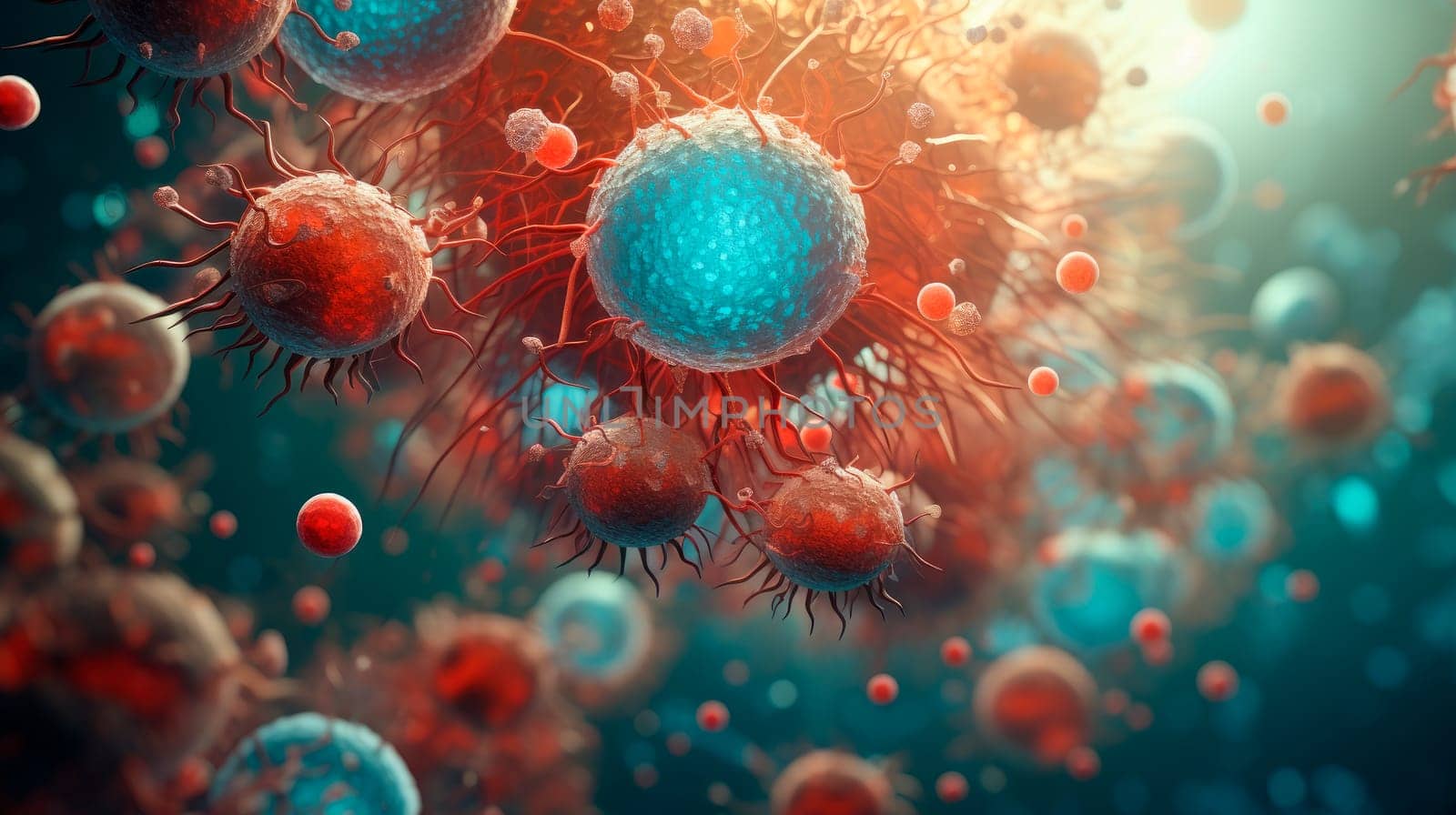 Blood cells, leucocytes and macrophages are combating viruses and bacteria, immune cell. AI generated