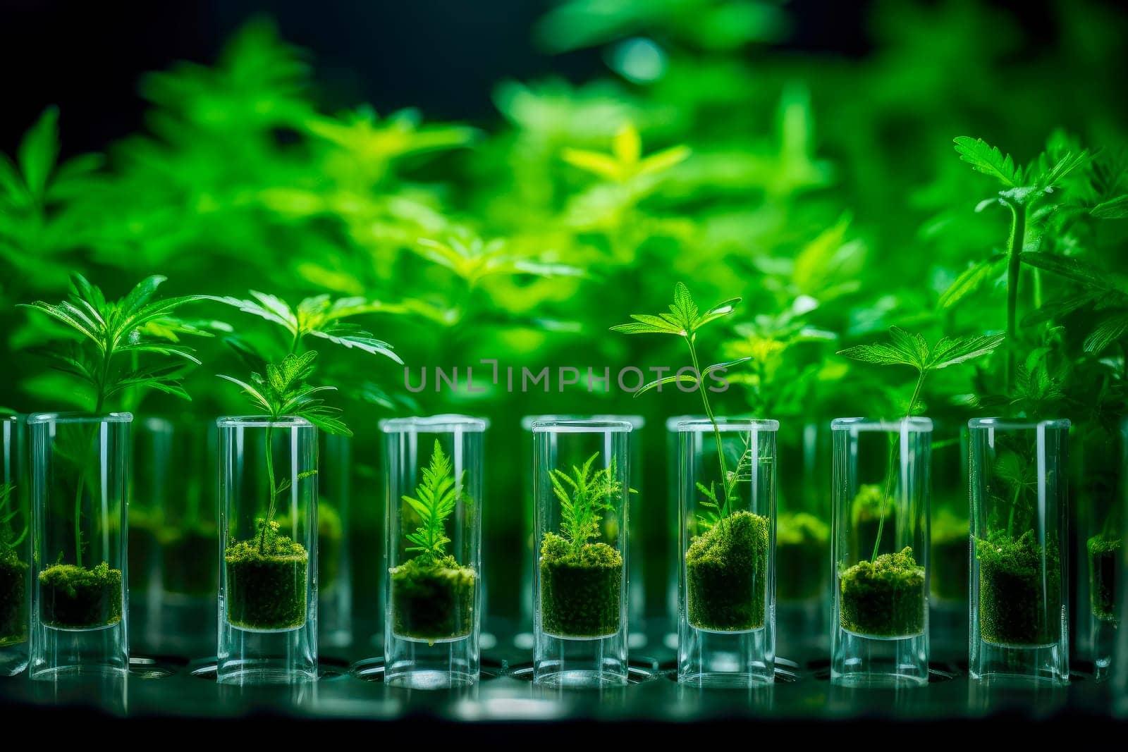 Genetically modified plants. Plant seedlings growing inside of test tubes at lab. AI generated