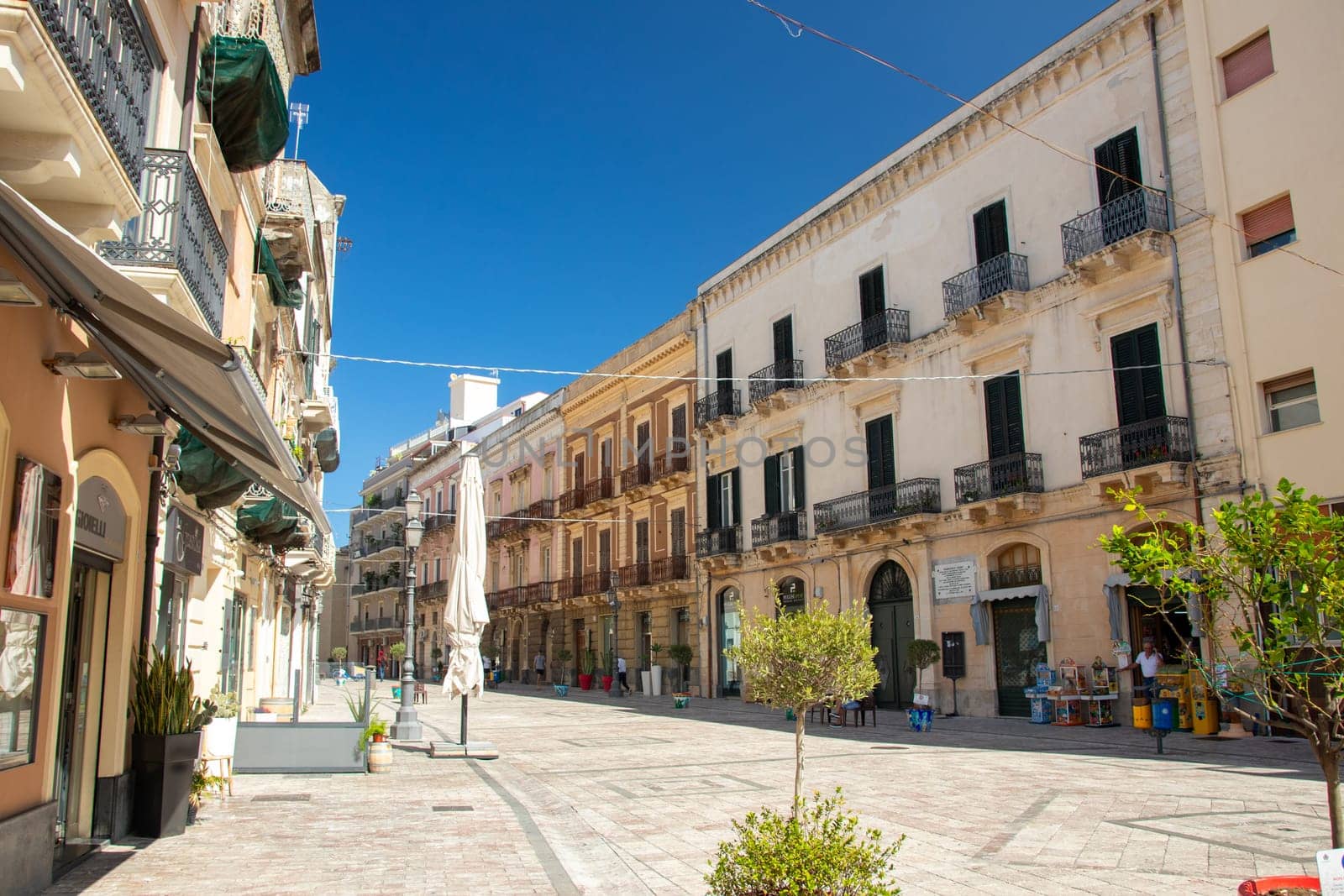 Milazzo, Sicily Italy - 03 October 2023. View at street Via Giacomo Medici in the centre of Milazzo.