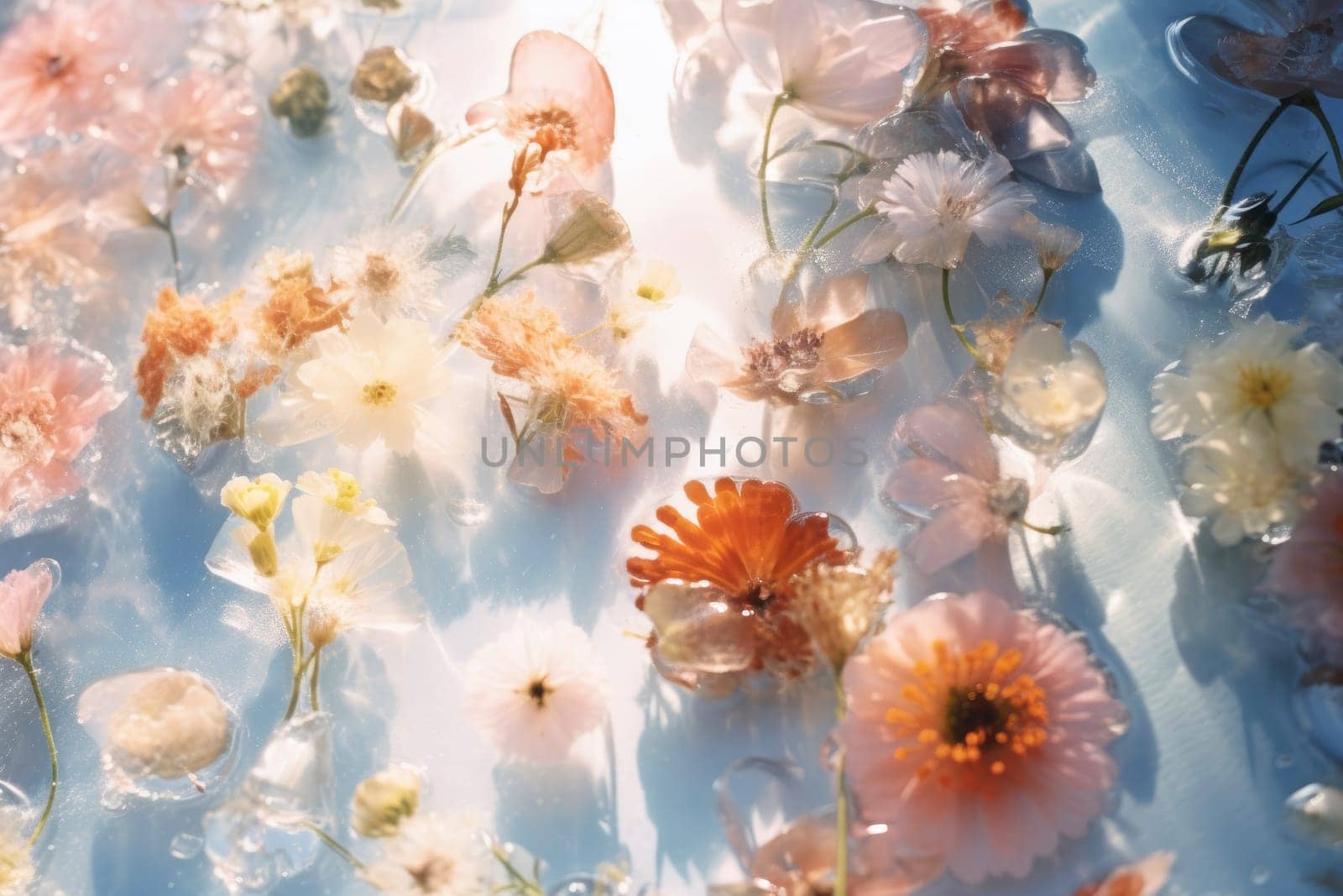 Field flowers in frozen water. Floral background. Wild flowers in ice. Botanical wallpaper. Natural decoration with field flowers in ice. Botanical wallpaper. Blossom composition