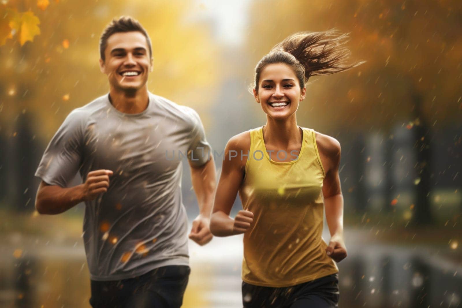 Couple running outdoor during workout on autumn day. Man and woman jogging in park. Active people. People while cardio training. Physical fitness. Cardio workout. Healthy lifestyle. Daily routine. Body exercises