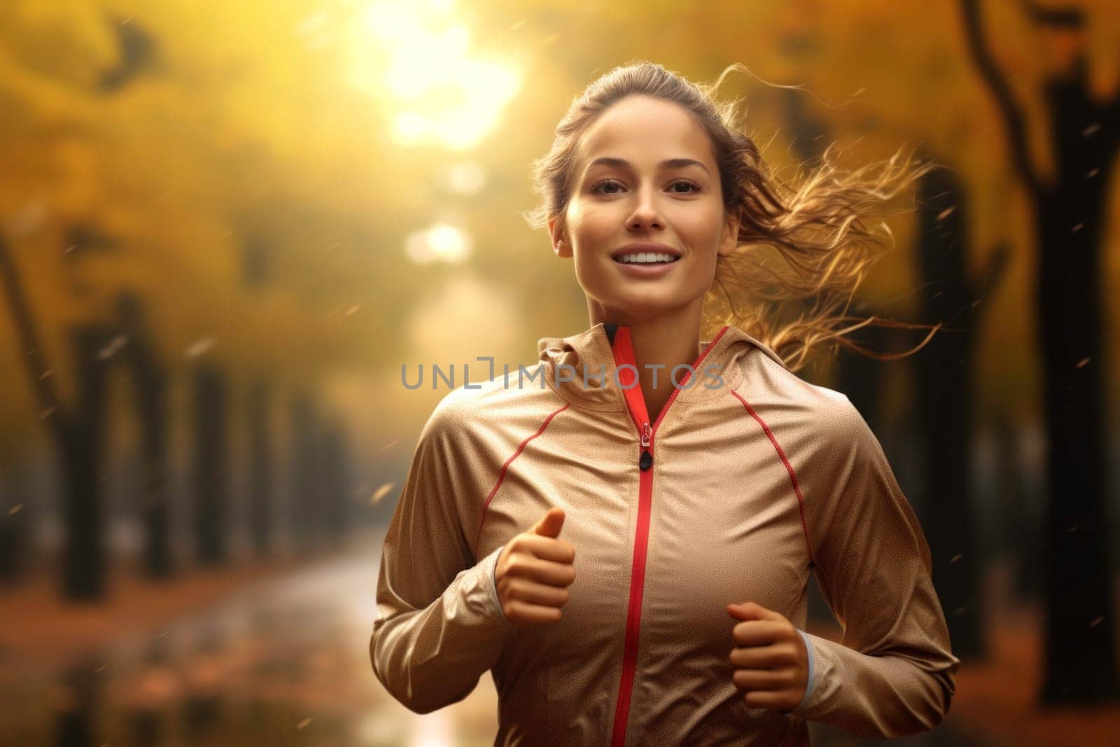 Young woman running outdoor during workout on autumn day. Woman jogging in park. Active woman. Cardio training. Physical fitness. Cardio workout. Healthy lifestyle. Daily routine. Body exercises