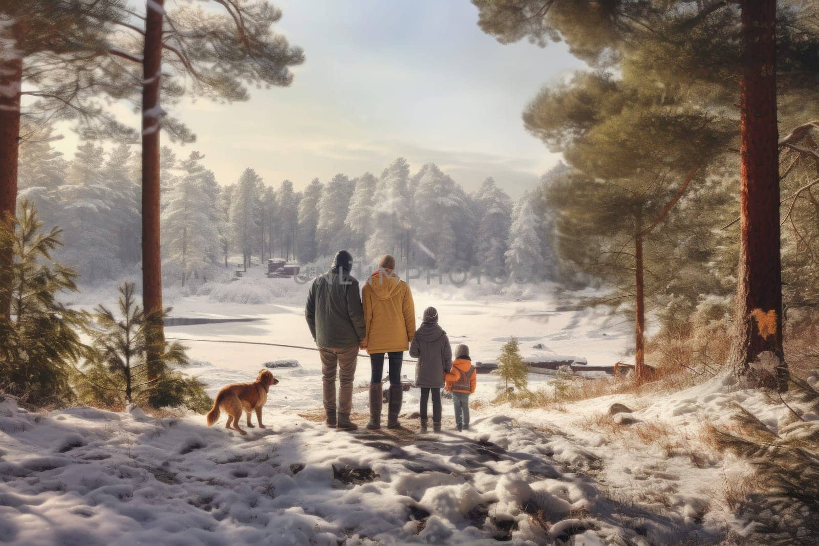 Family walking in the snow in forest on winter day. Spending leisure time close to nature. Snowy winter. Cold day. Active people. Physical activity. Healthy lifestyle. Daily routine