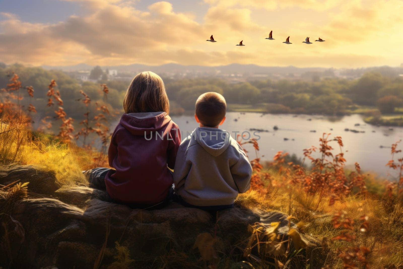 Children observing flock of geese during migration. Children sitting on hill and observing beautiful nature. Flying geese. Kids watching how flock of migrating birds. Autumn season. Autumn landscape in warm sunlight