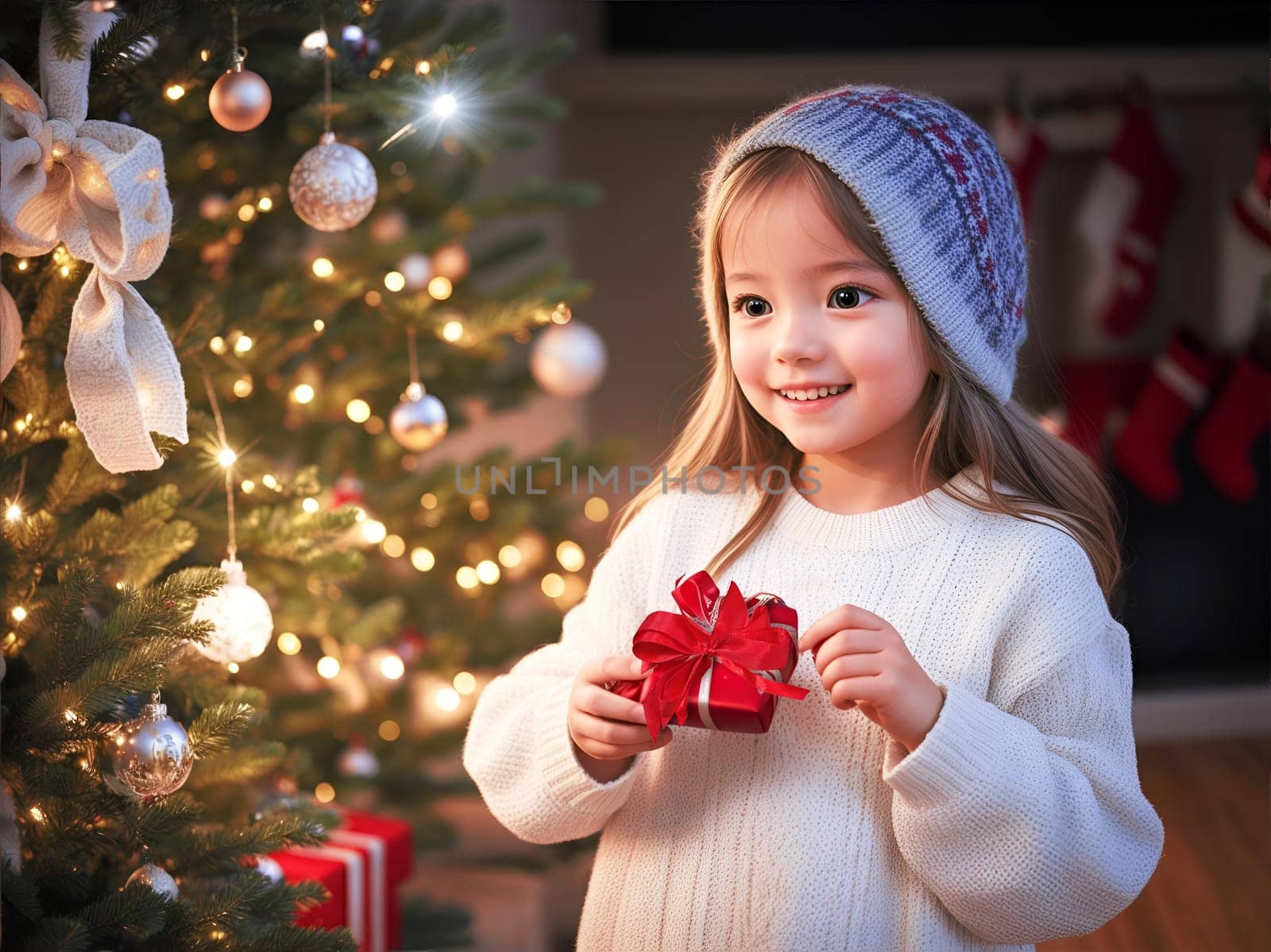 Charming girl is very happy about a gift at Christmas.