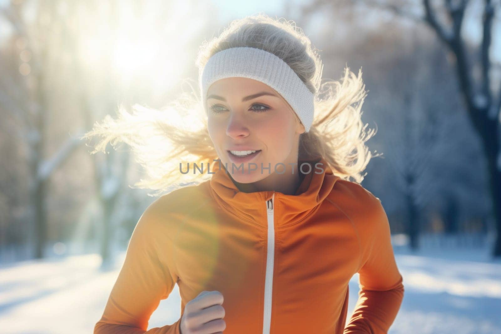 Young woman running outdoor during workout on winter day. Woman jogging in park. Active woman. Cardio training. Physical fitness. Cardio workout. Healthy lifestyle. Daily routine. Body exercises