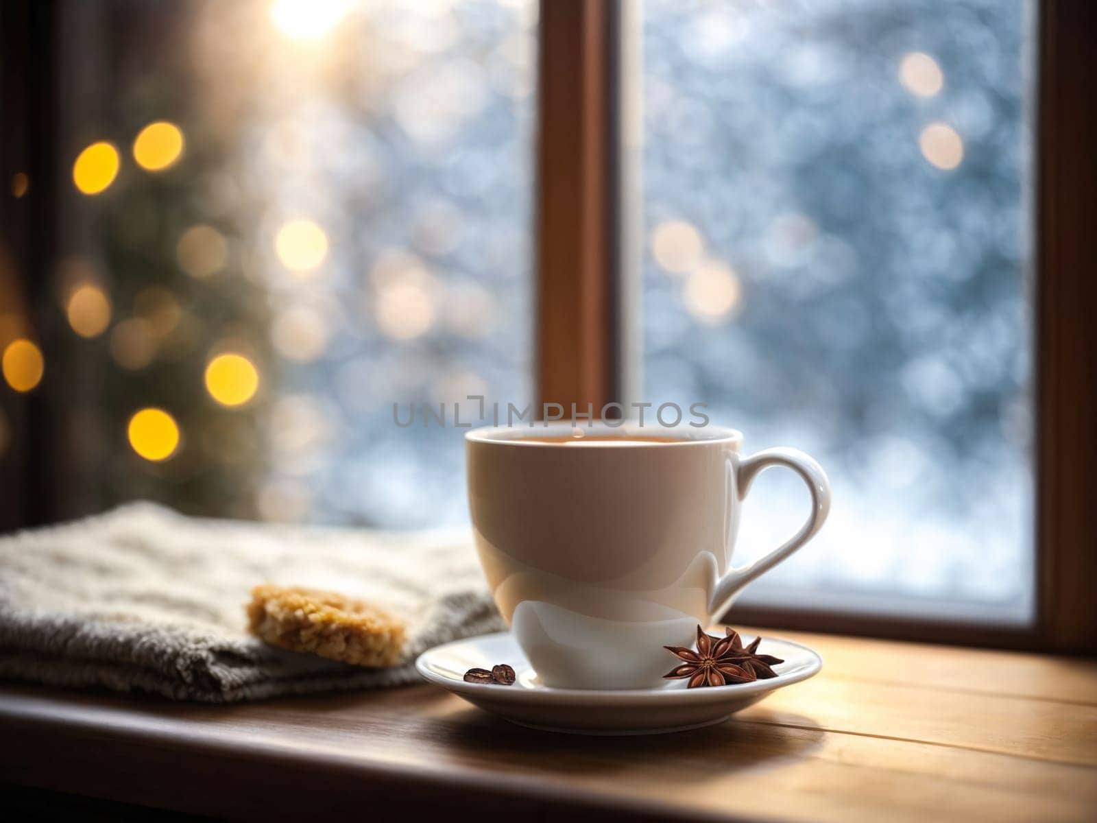 Homely scene with hot drink while it snows outside.