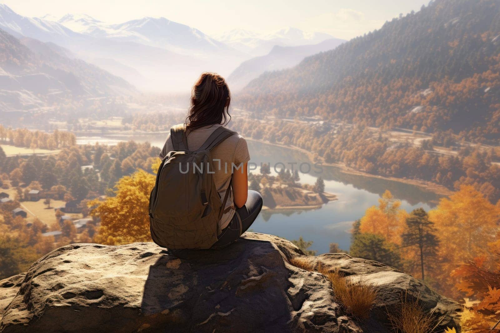 Mountain trip. Travel lifestyle. Exploring natural beauty. Woman sitting on rock and looking at mountain landscape. Hiking in mountains. Scenic view of mountain peaks, hills and valleys. Panoramic view. Natural scenery. Beauty in nature