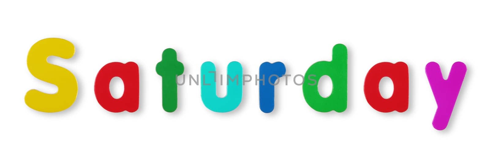 A Saturday word in coloured magnetic letters on white with clipping path to remove shadow