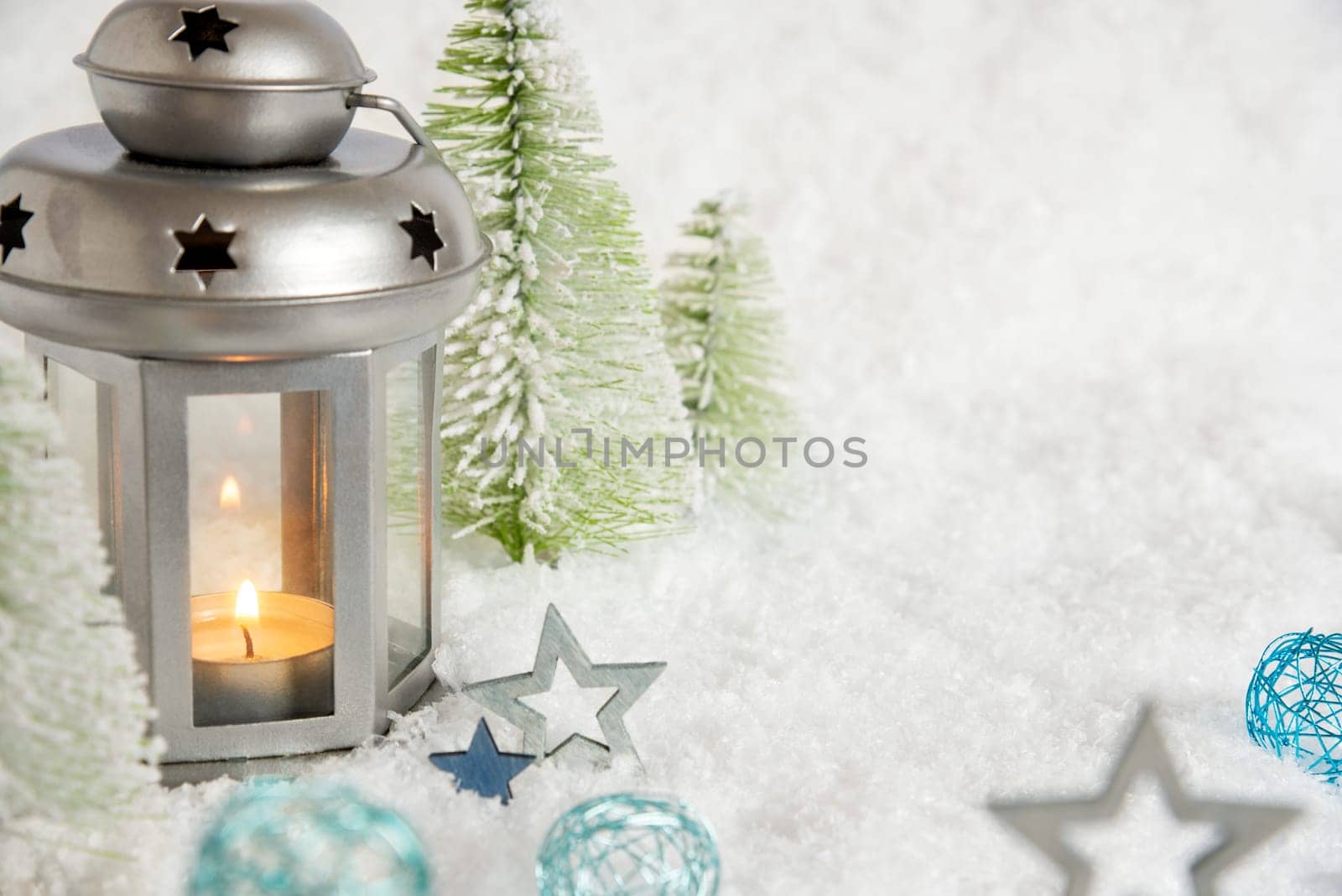 Christmas Lantern In The Snow, With Winter Decoration, Trees And Stars