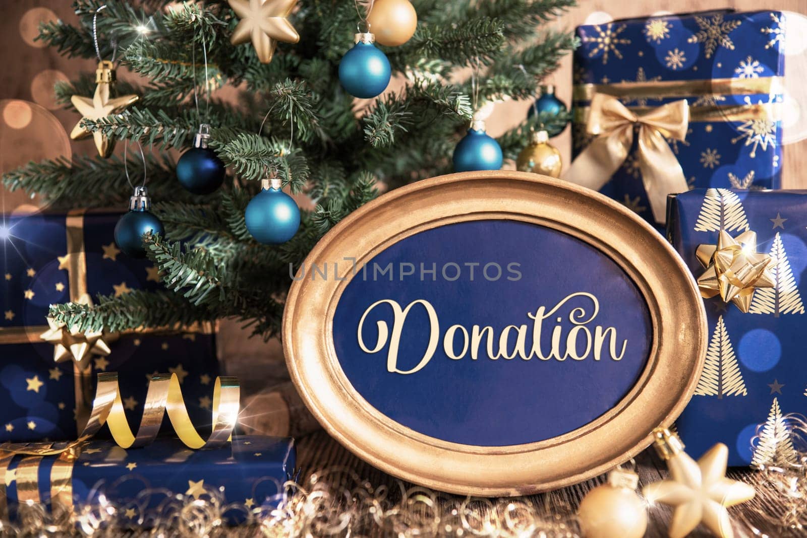 Oval Golden Frame With Text Donation, Blue And Golden Decorated Christmas Tree As Winter And Christmas Background