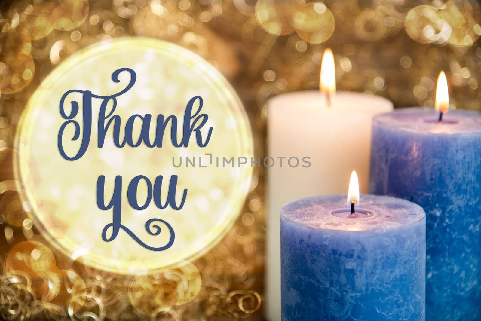 Text Thank You, With Candles, Golden, Glittering Winter Background, Festive, Cozy Atmosphere, Christmas Decoration