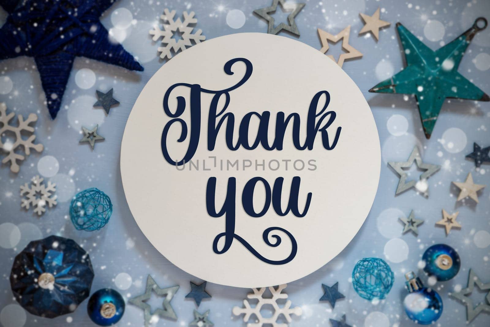 Blue Christmas Decor With Stars, Christmas Balls And Sign With Text Thank You