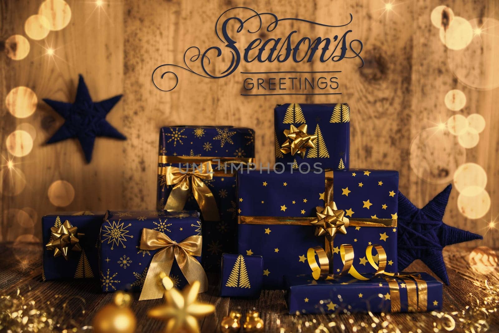 Text Seasons Greetings, Many Blue Christmas Presents, Christmas Background, Wooden Winter Decor