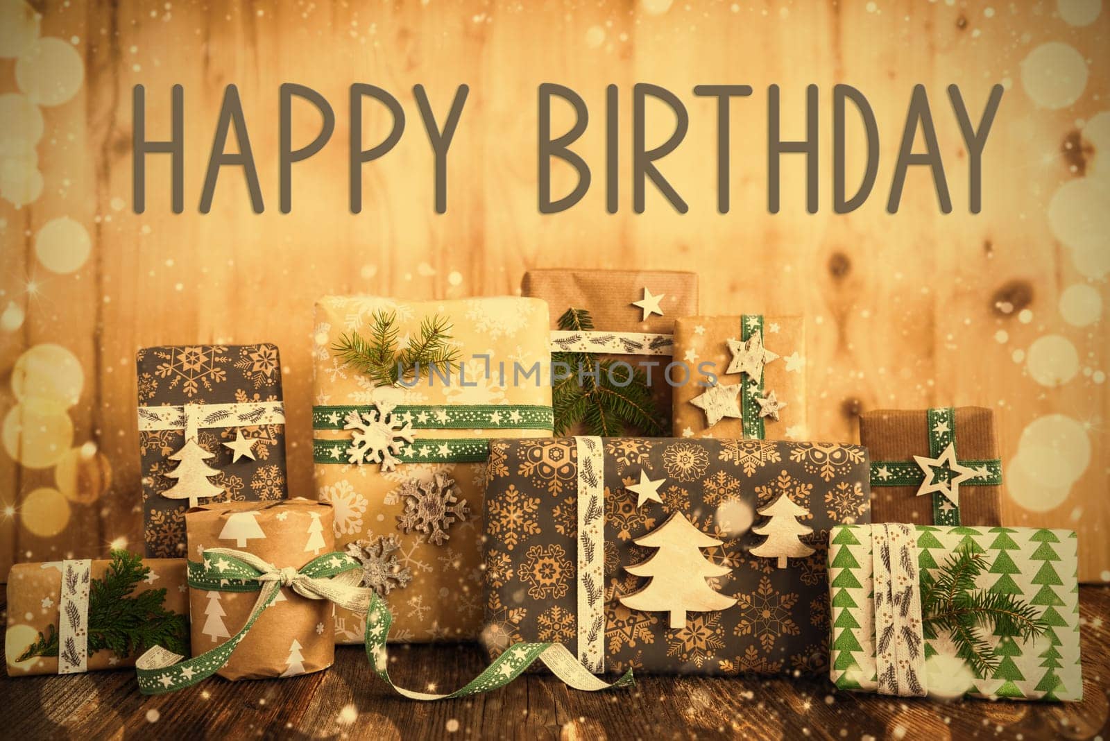 Text Happy Birthday, Eco Friendly, Sustainable, Rustic, Green Wrapped Christmas Gifts, Winter Background