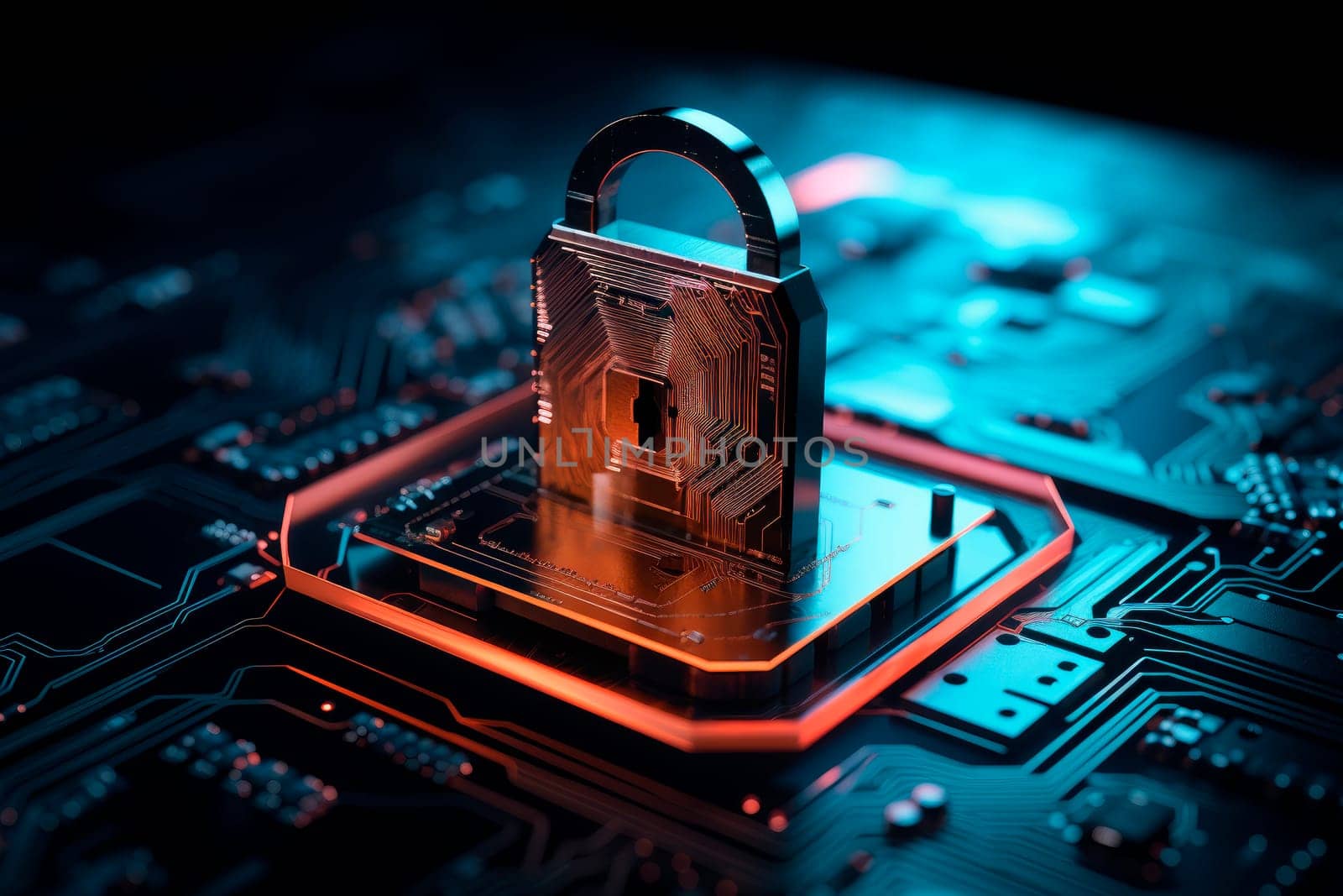 Padlock on computer motherboard, cyber security concept. Internet data privacy information security concept. AI generated