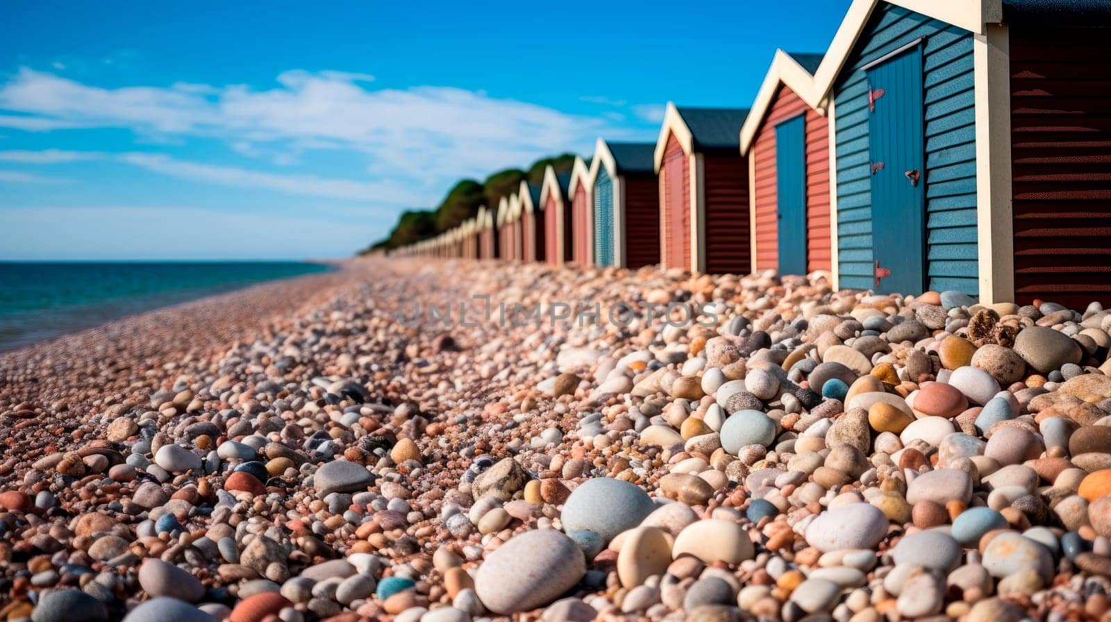 Close up of stones on a beach with a huts lined up on the background. AI generated