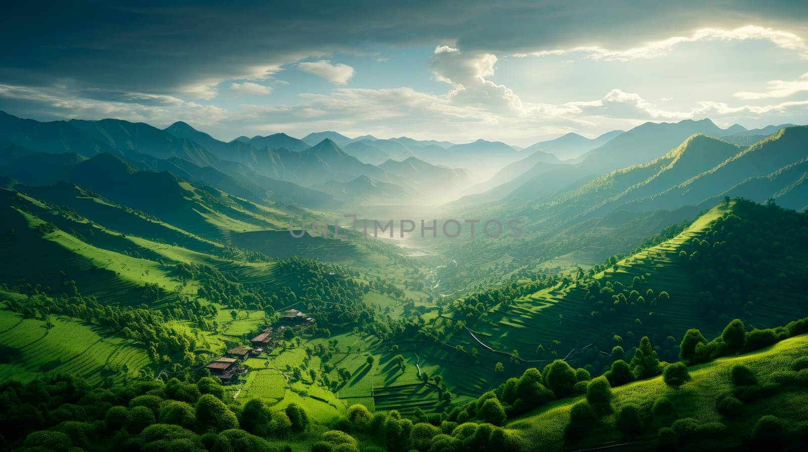 Aerial view of beautiful tea plantation. Beautiful landscape view of tea plantation on the valley. AI generated