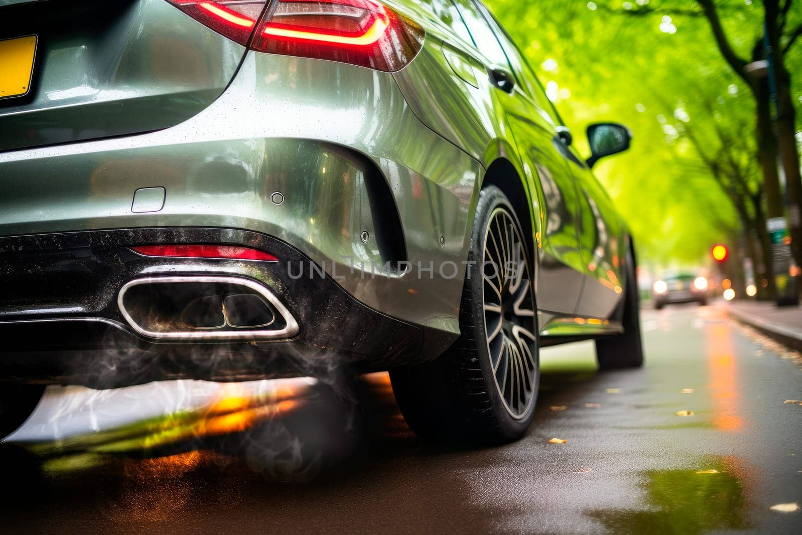 Exhaust pipe of a car blowing out the pollution from the back of a gray car. AI generated