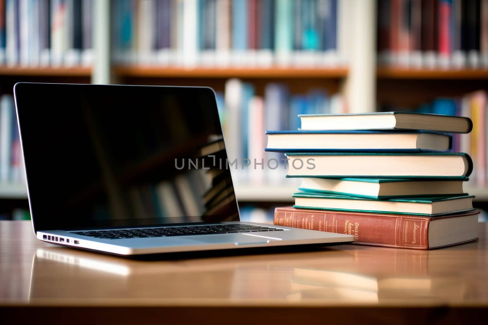 Book stack and laptop computer on a desk in library room with blurred bookshelf background, education concept . AI generated