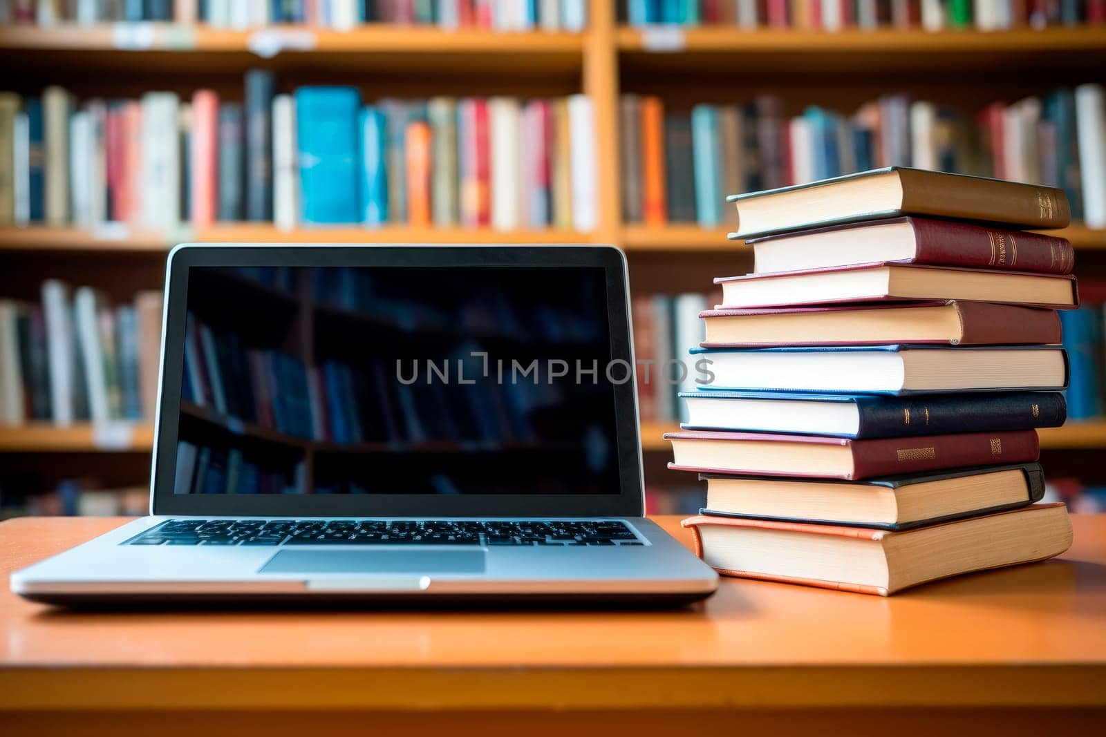Stack of books with laptop on table in library room. AI generated . AI generated