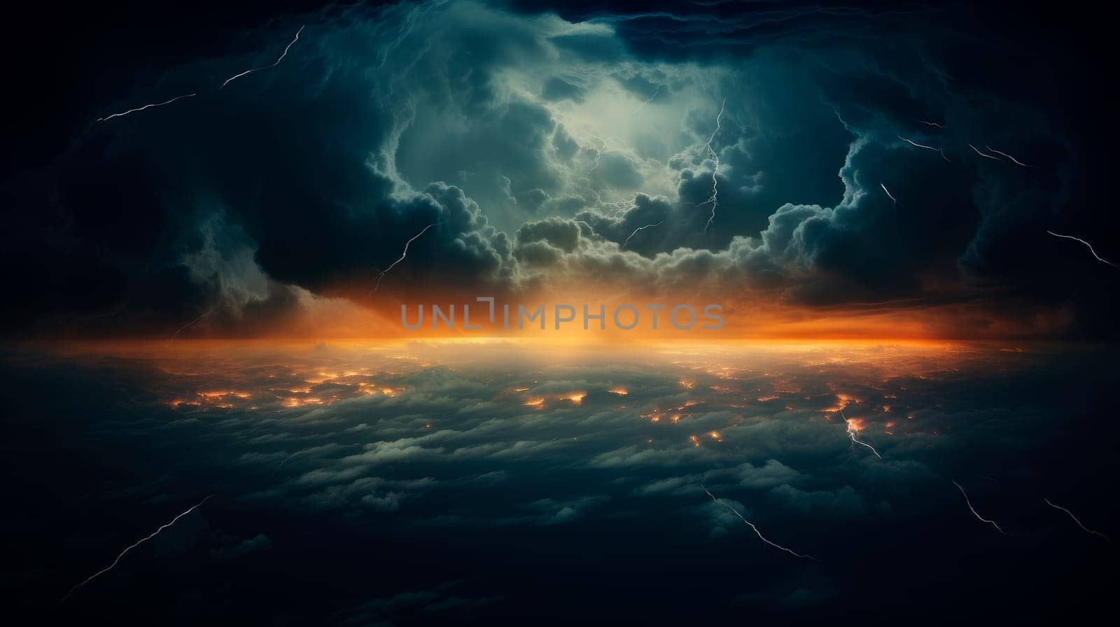 Thunderous dark sky with black clouds and flashing lightning. Concept on the theme of weather, storms, typhoons,  thunderstorms, lightning. AI generated
