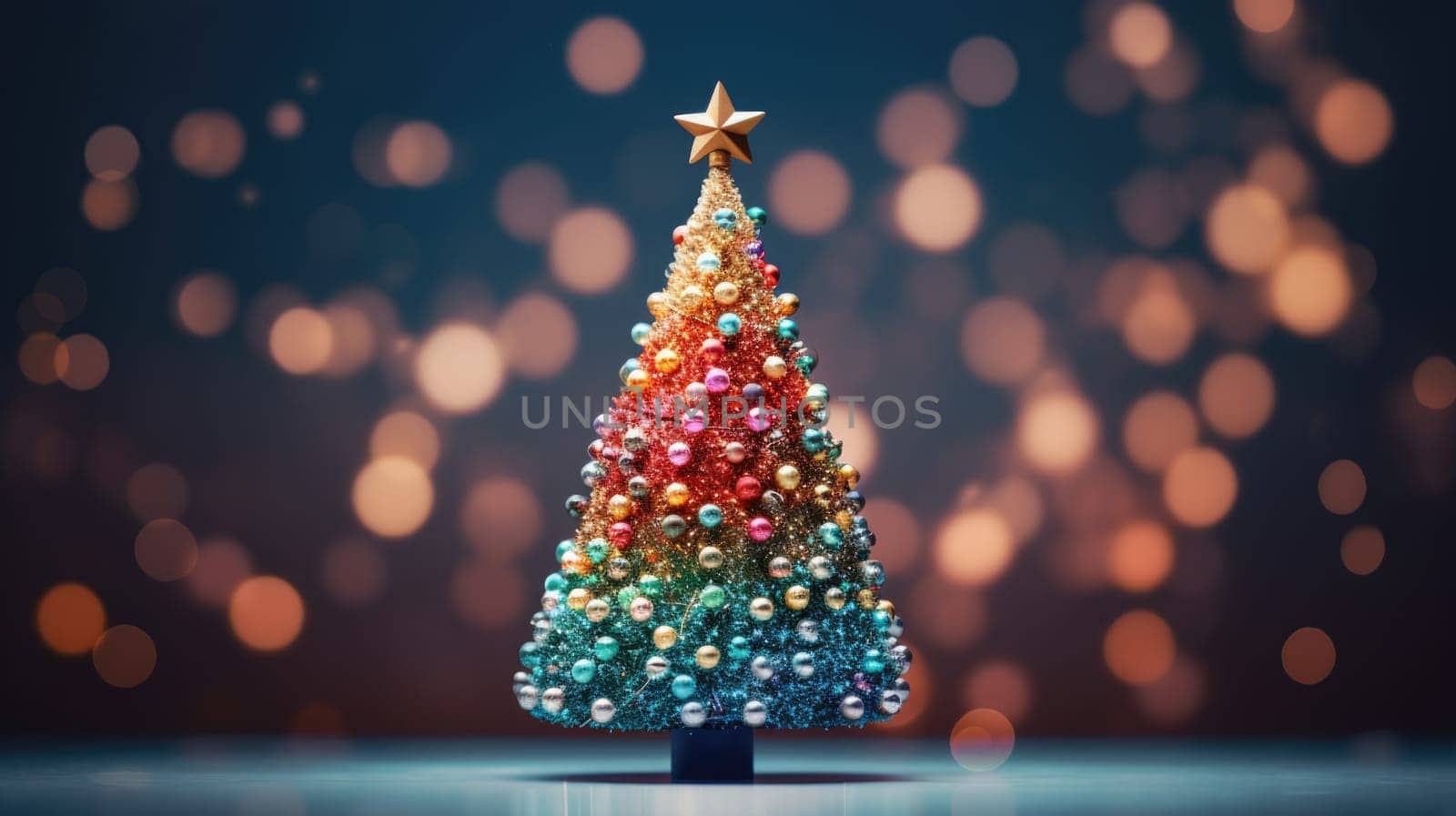 christmas tree xmas holiday decoration with glitter bokeh background, ai