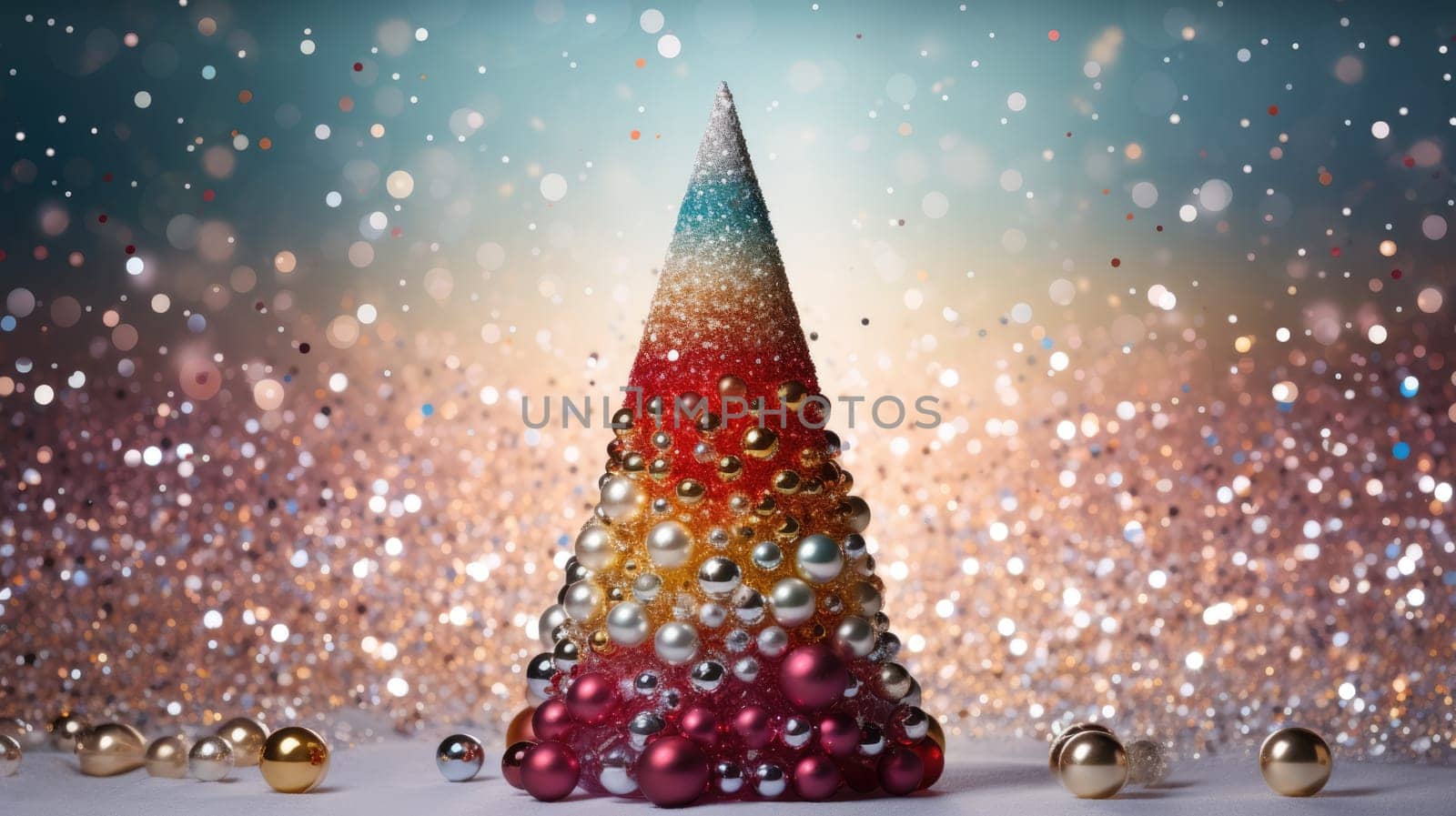 christmas tree xmas holiday decoration with glitter bokeh background, ai