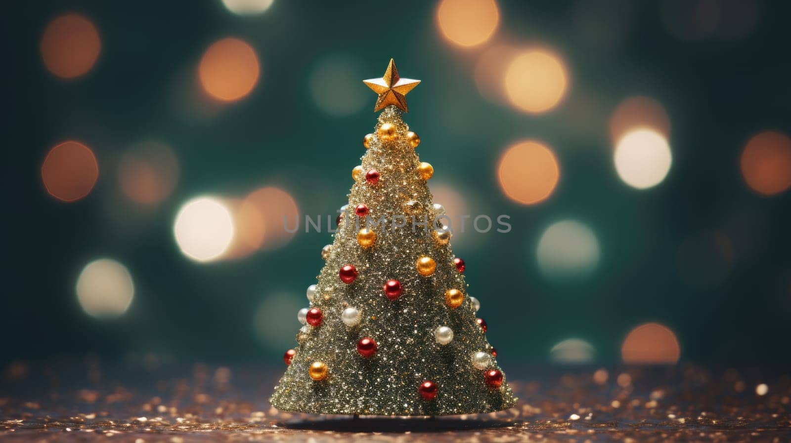 christmas tree xmas holiday decoration with glitter bokeh background, ai