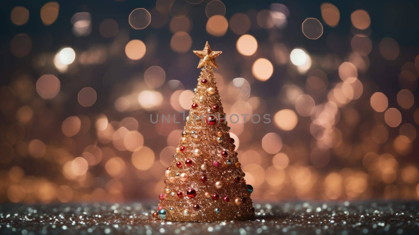 christmas tree xmas holiday decoration with glitter bokeh background, ai