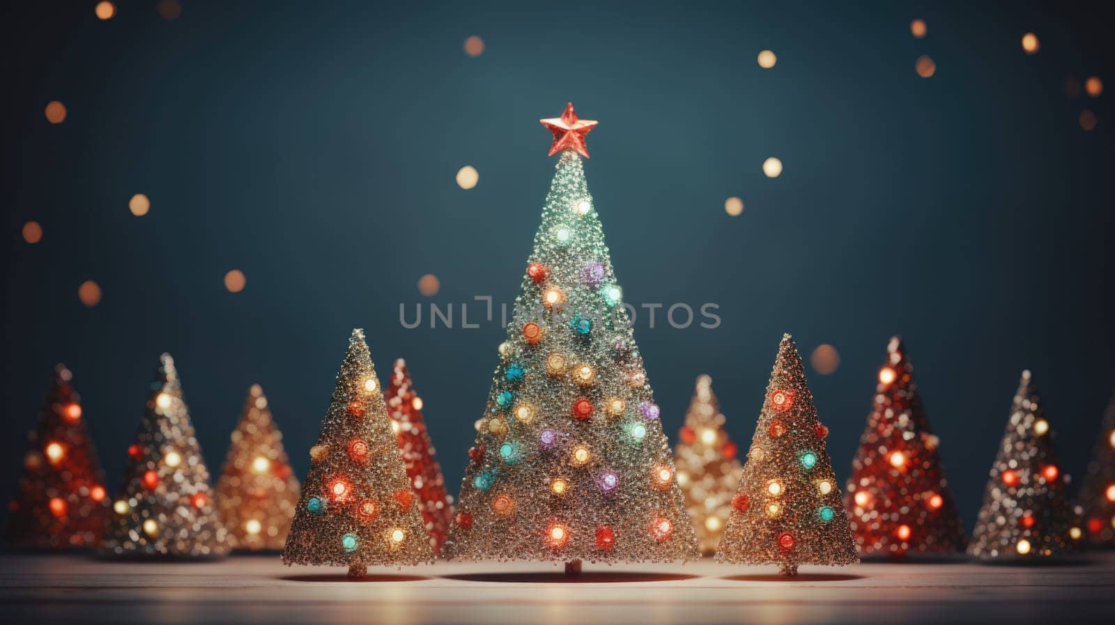 christmas tree xmas holiday decoration with glitter bokeh background, ai