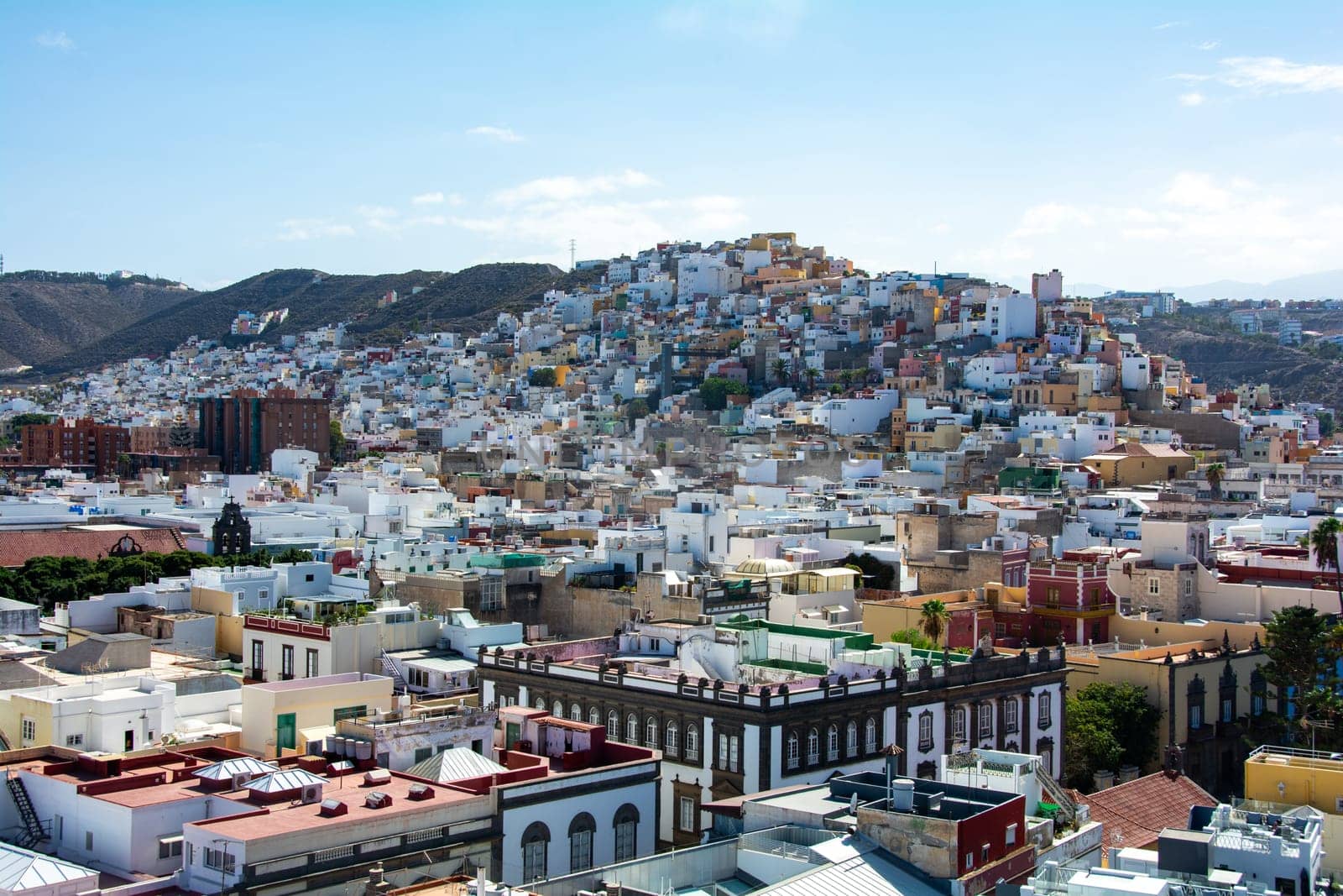 Panoramic top view of the capital Las Palmas Gran Canaria in Spain with blue sky