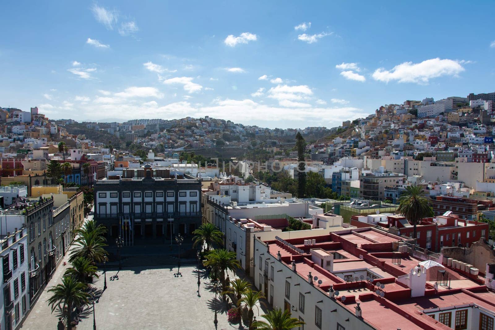Panoramic top view of the capital Las Palmas Gran Canaria in Spain with blue sky
