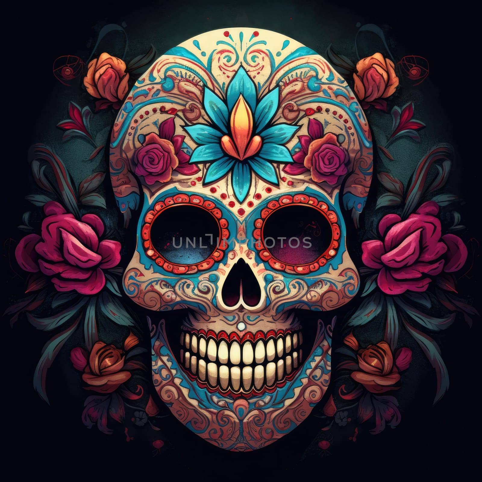 colorful sugar skull decorated with intricate floral patterns on a dark background. Generative AI