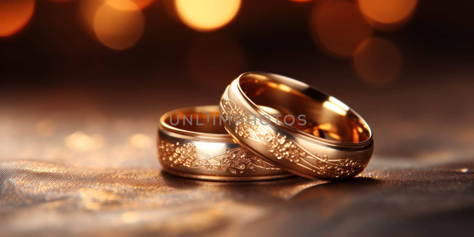 Golden wedding rings close-up lie on top of each other on a blurred background of festive illumination.Generative AI
