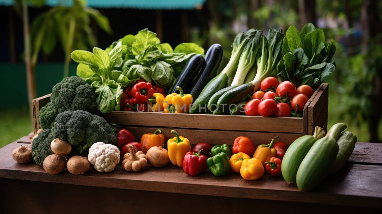 harvest of farm vegetables on wooden table.agriculture. Generative AI